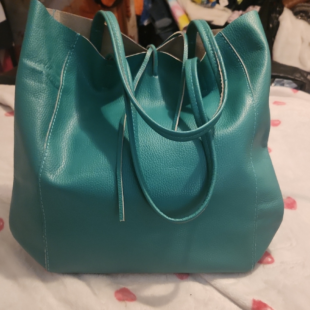 Italian Teal Leather Tote Bag